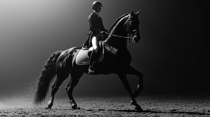 Fototapeta premium Silhouette of a Rider and Horse in Dressage Competition