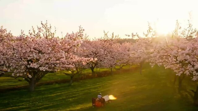 blossoming peach orchard inhorse cart taking viewer tranquil paths lined rows flowering trees soft hues pink underclear sky fruit farm blossom horse vertical spring nature