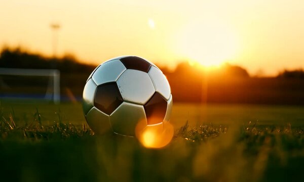 A shiny soccer ball on a lush green field, with the sun setting in the background, casting a golden glow