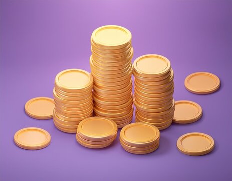 3D Stacks of gold coins on a purple surface, 3D isometric
