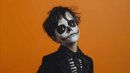 A close-up portrait of a boy in Halloween makeup on an orange background with copy space