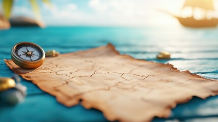A close-up view of a map and compass set against a backdrop of the sea, perfect for conveying a sense of maritime exploration and adventure discovery.