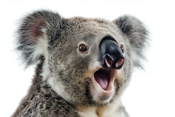 Obraz premium Close-up Of A Angry And Surprised Koala Bear Isolated On White Background With A Funny And Excited Expression, Animal Portrait
