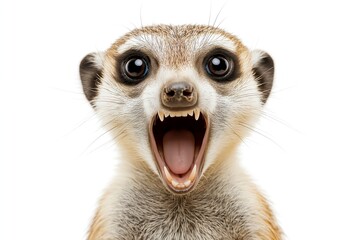 Fototapeta premium Close-up Of A Angry And Surprised Meerkat Isolated On White Background With A Funny And Excited Expression, Animal Portrait