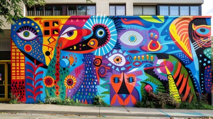 Fototapeta premium Vibrant Mural with Colorful Abstract Patterns and Psychedelic Designs on an Outdoor Urban Wall