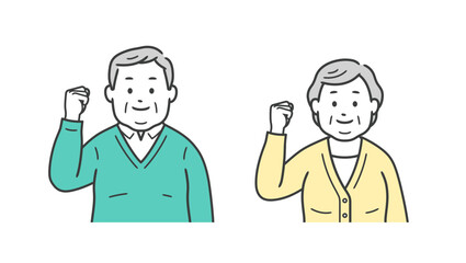 ガッツポーズをする高齢者小太り男女の上半身イラスト
