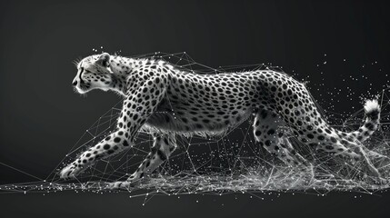 Fototapeta premium A cheetah running with a geometric pattern behind it, rendered in black and white.
