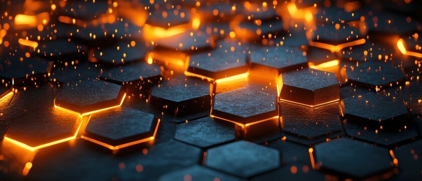 Visually striking abstract pattern of luminous hexagons that radiate an inner glow the shapes arranged in a dynamic organic layout