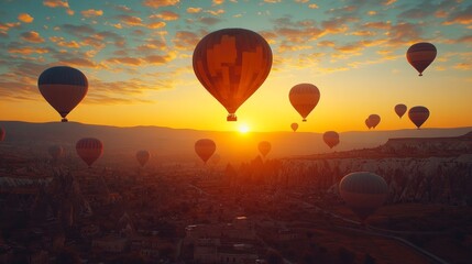 Naklejka premium A breathtaking sunrise over a valley with many hot air balloons floating in the sky.