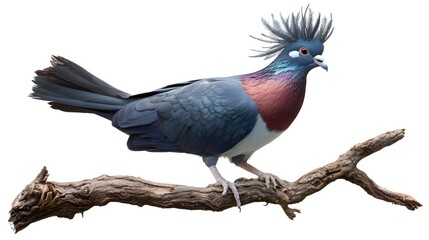 Fototapeta premium Victoria Crowned Pigeon Bird Perched on a Branch on a White Background, Realistic Photo, Wallpaper, Cover and Screen for Smartphone, PC, Laptop, 9:16 and 16:9 Format