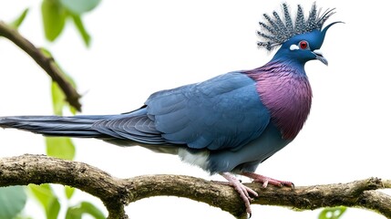 Fototapeta premium Victoria Crowned Pigeon Bird Perched on a Branch on a White Background, Realistic Photo, Wallpaper, Cover and Screen for Smartphone, PC, Laptop, 9:16 and 16:9 Format