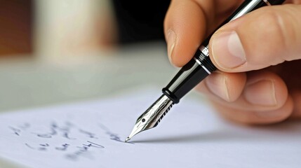 A hand holding a fountain pen and writing on a piece of paper.