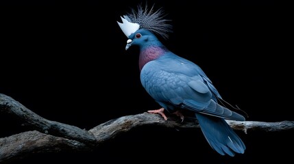 Obraz premium Victoria Crowned Pigeon Bird Perched on a Branch on a Black Background, Realistic Photo, Wallpaper, Cover and Screen for Smartphone, PC, Laptop, 9:16 and 16:9 Format