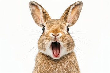 Fototapeta premium Close-up Of A Angry And Surprised Rabbit Isolated On White Background With A Funny And Excited Expression, Animal Portrait