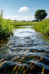 Naklejka premium A serene stream flows gently through a vibrant green landscape under a clear blue sky. The peaceful scene embodies the beauty of nature's tranquility.