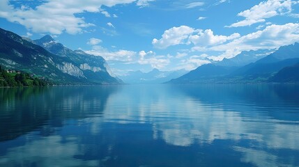 Fototapeta premium Serene Mountain Lake with Reflections of Clouds and Mountains