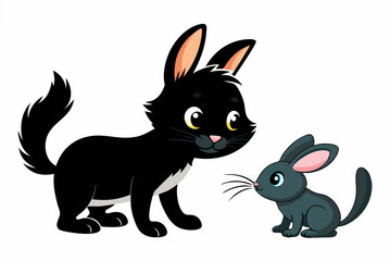  black kitten playing with rabbit in front of home