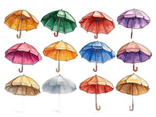 Fototapeta premium Whimsical Beach Umbrella Collection - Colorful Children's Book Illustration in Minimal Cartoon Style