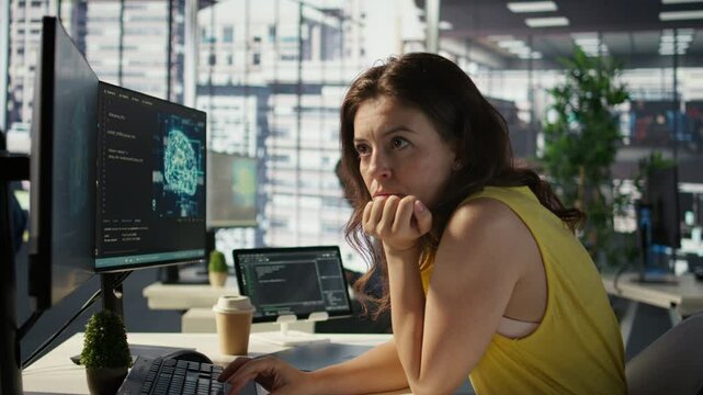 Woman in office using laptop to steal company secrets after being hired by competitor, hiding from manager. Sneaky employee closing notebook lid to hide while ilegally downloading data, camera B