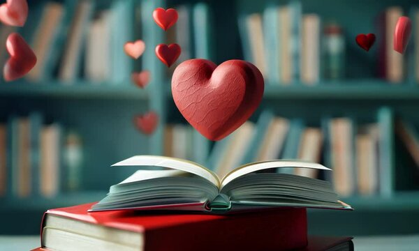Discover the magic of reading with a heart-shaped bookmark floating above a stack of books