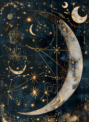 Celestial Patterns with Moon and Stars Illustration