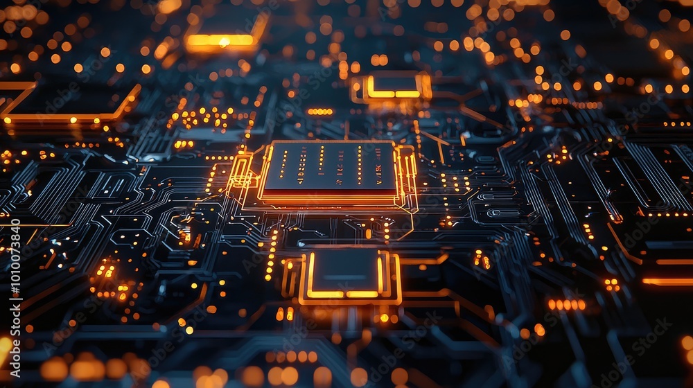 Aufkleber close-up of a glowing circuit board with a central processor.