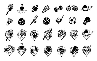 Sports activities icons set in sketch style. Hand drawn black unique symbols and map markers of sports.