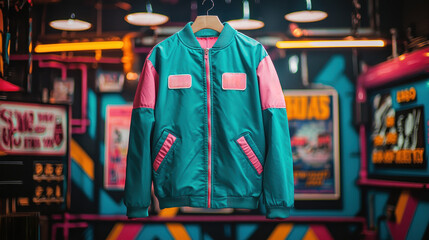 Fototapeta premium stylish 90s windbreaker jacket in vibrant colors hanging on display.