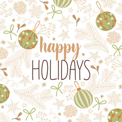 Fototapeta premium Winter holiday poster with pine tree branches, Christmas tree toys, snowflakes, leaves, lettering in pastel colors for Christmas celebration. 