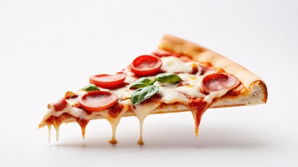 A slice of pepperoni pizza with melted cheese dripping off the crust, isolated on a white background.