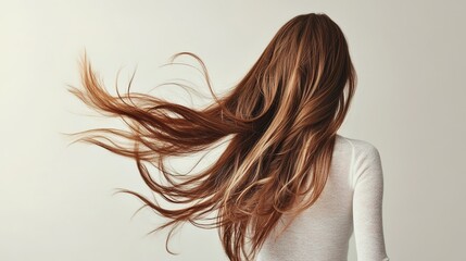Fototapeta premium Elegant Long-Haired Woman Viewed from the Back, Silhouetted with Flowing Hair in a Natural Setting. Graceful and Feminine Beauty with Smooth Locks Cascading Down Her Back, 