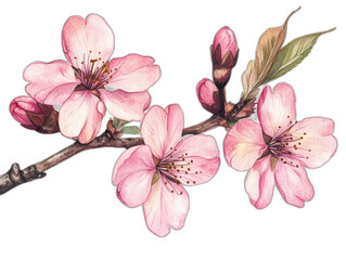 Naklejka premium Whimsical Cherry Blossoms - Playful Cartoon Style Illustration in Colored Pencil and Watercolor for Children's Books