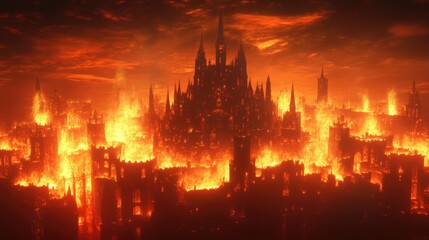 A Gothic City engulfed in flames, with a fiery orange sky above