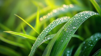 Close-up of dew drops on green grass blades in sunlight.