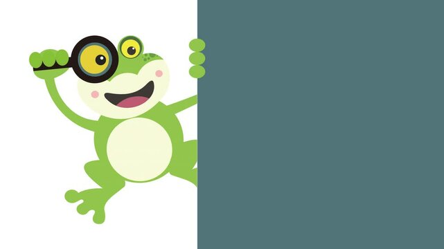 animated cartoon illustration of a cute frog character holding a magnifying glass, animation concept suitable presentation template, looping animation