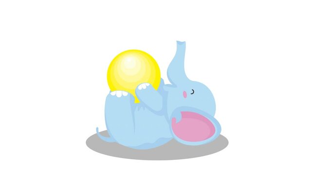 animated cartoon illustration of a cheerful elephant, lying down while playing with a yellow ball, alpha channel background, looping animation