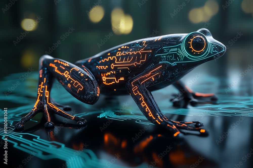 Poster a futuristic biomechanical frog in a glowing forest, with neon-colored circuitry running through its