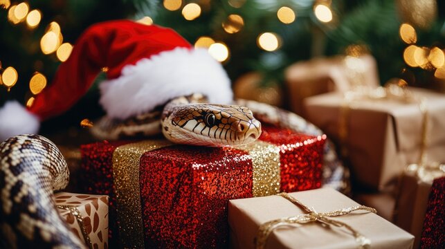 Python wrapped around sparkling red gift box under christmas tree with santa hat in festive holiday setting - christmas and new year gifts