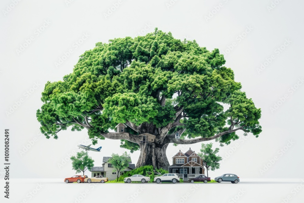 Sticker an ultrarealistic studio photography of green huge tree with small houses, cars, plane, hospital as a insurence services care under, white gradient background 