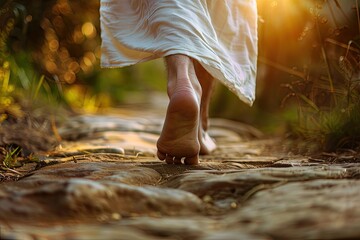 A closeup of Jesus walking bare feet on a dirt path with sunlight creating a warm, peaceful atmosphere. Spiritual, religious, and enlightenment concepts.