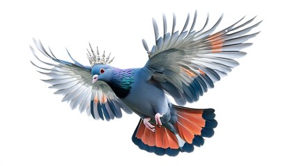 Obraz premium Victoria Crowned Pigeon Bird Flying on White Background, Photo Realistic, Wallpaper, Cover and Screen for Smartphone, PC, Laptop, 9:16 and 16:9 Format