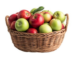 Basket filled with fresh red and green apples on a white isolated background.