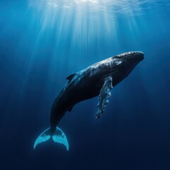 Fototapeta premium Humpback Whale Swimming in Sunlit Ocean Waters