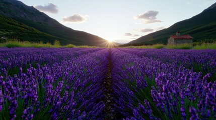 Fototapeta premium Lavender field at sunset in the mountains