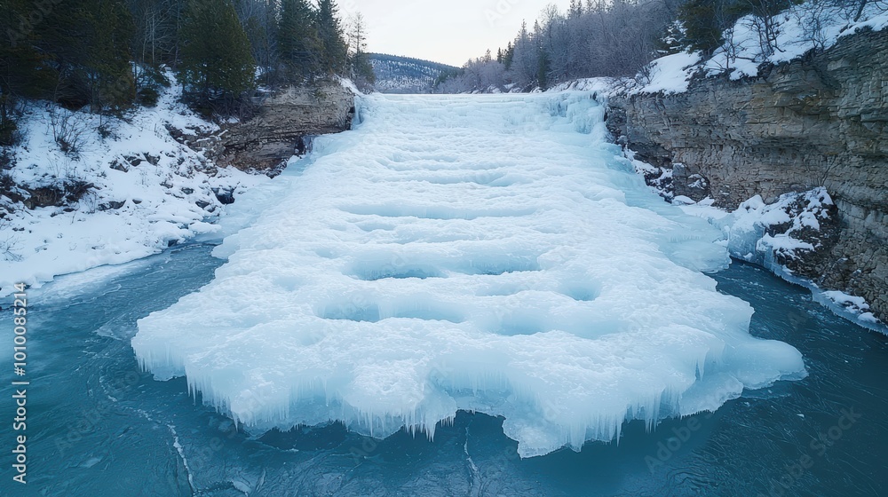 Sticker Frozen waterfall in snowy winter landscape