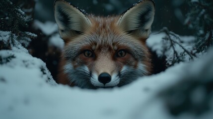 Fototapeta premium Curious red fox peeking through snowy pine branches