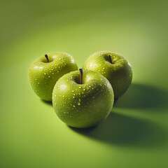 Green apples arranged In a triangle, high angle food photography of fresh fruit in natural light with strong shadows. A modernist healthy food perspective. Isolated on green