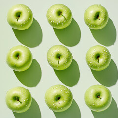 Green apples form a modern pattern, high angle food photography of fresh fruit in natural light with strong shadows. A modernist healthy food perspective.