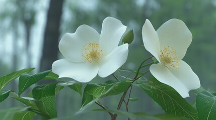 Obraz premium Delicate White Flower with Green Leaves - Nature Photography