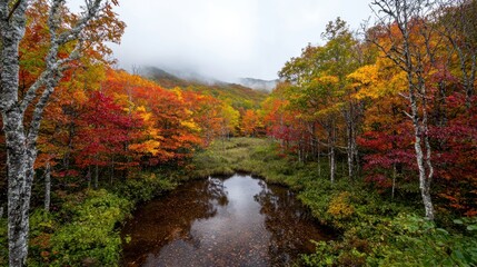 Obraz premium Vibrant autumn foliage and a tranquil forest stream